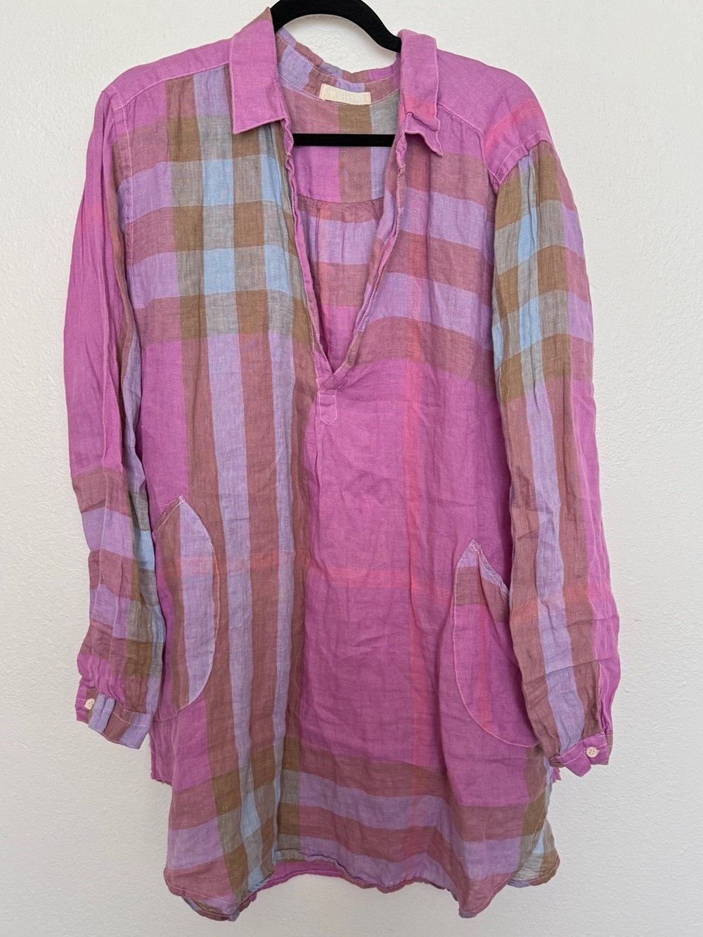CP Shades 100% Linen Pink Plaid Oversized Tunic Shirt Dress L - Picture 2 of 9